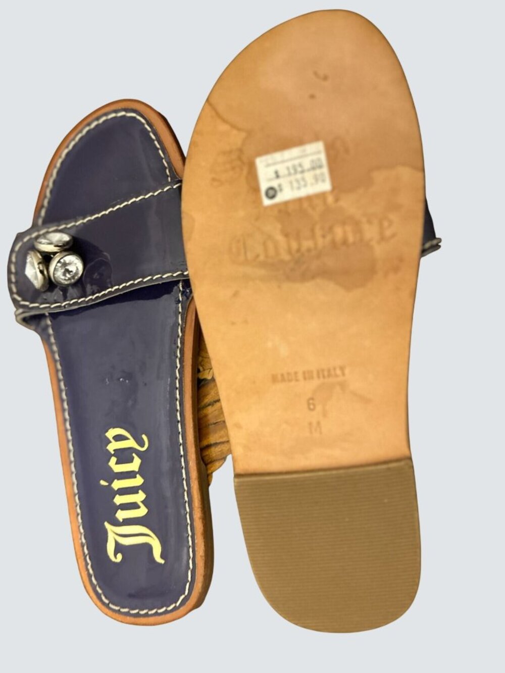 Juicy Couture Womens Navy Blue Patent Leather Rhinestone Slide Sandals Size 6 - Picture 7 of 12